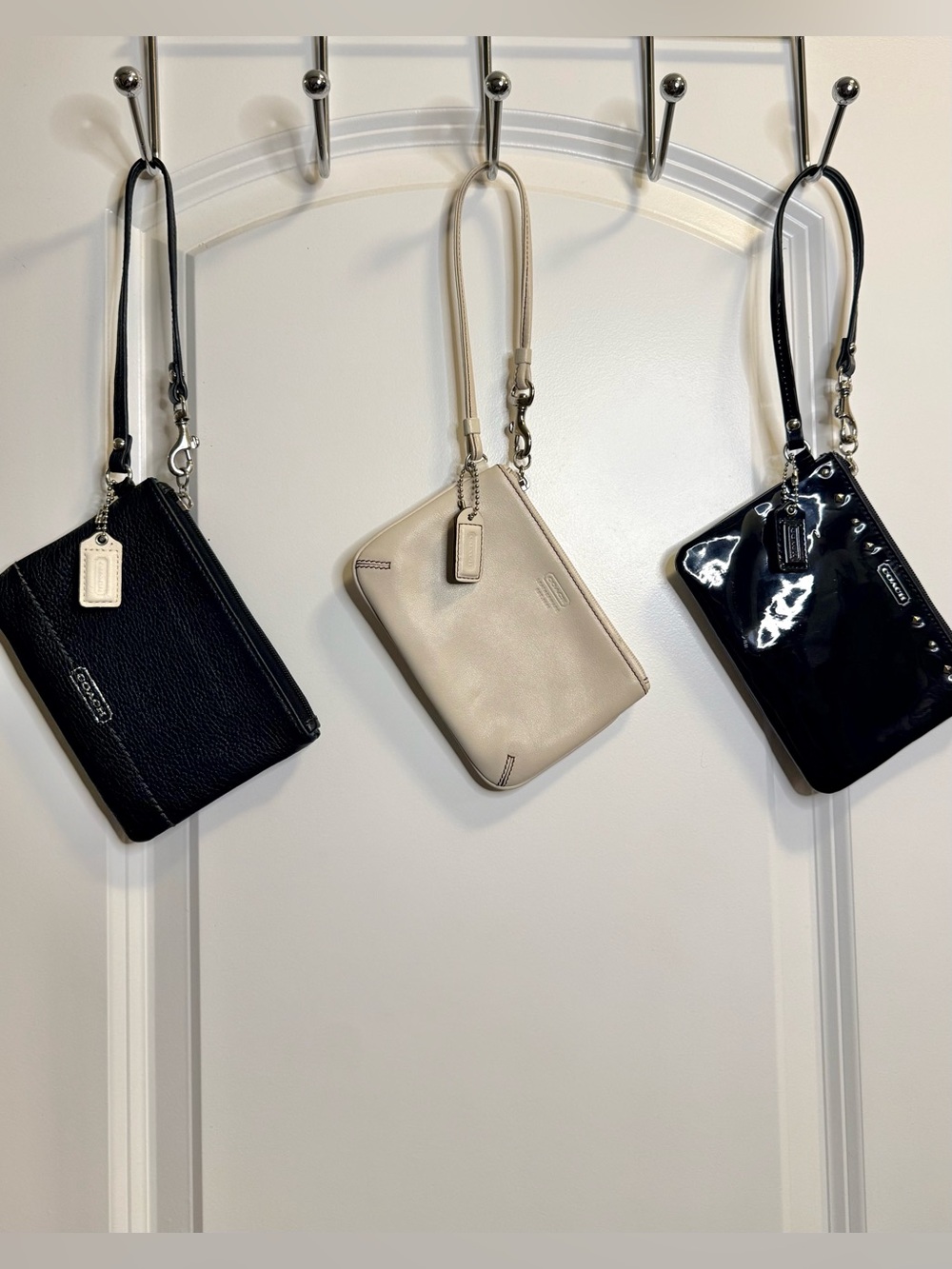 3 x COACH Authentic Leather Wristlets – Black, Cream & Patent – Y2K Bundle